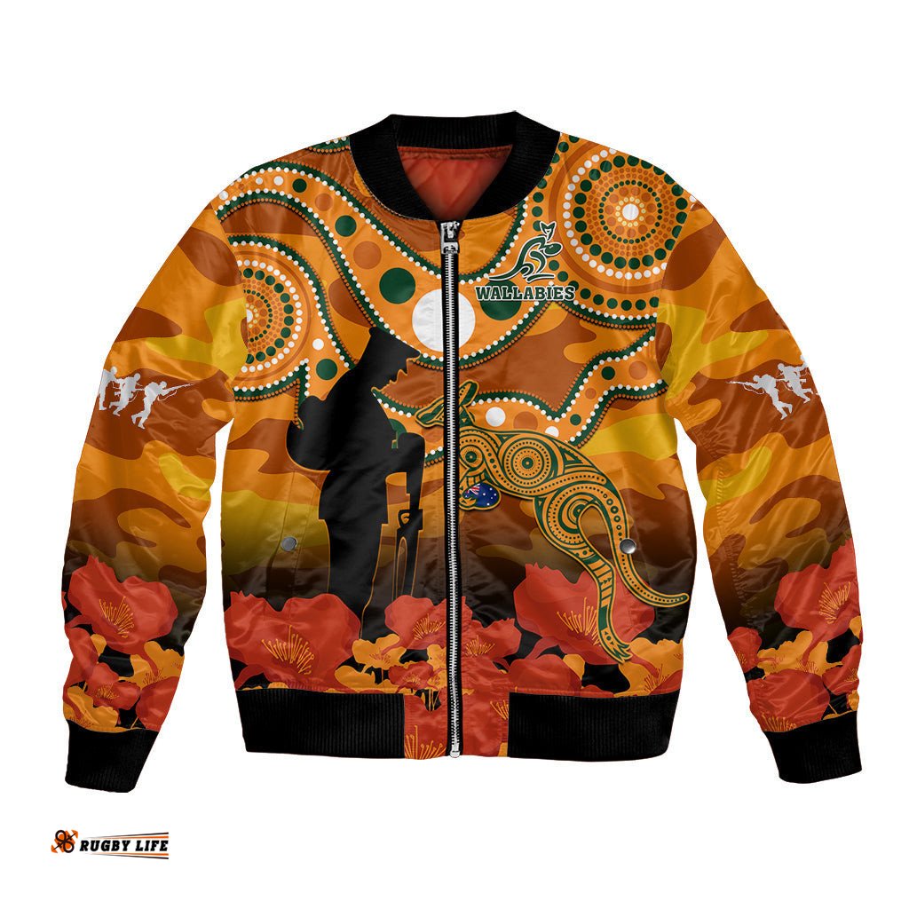 Wallabies Rugby ANZAC Bomber Jacket Aboriginal Camouflage Lest We Forget