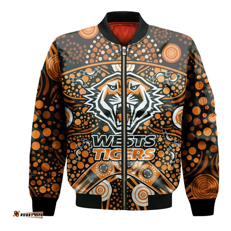 Wests Tigers Rugby Bomber Jacket Boomerang Indigenous Dots