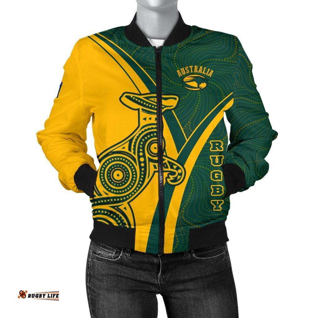 Rugby Women's Bomber Jacket - Australian Rugby Kangaroo & Aboriginal Patterns