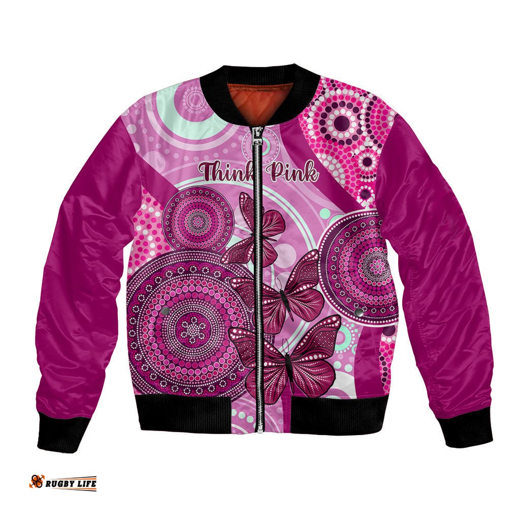 Personalised Australia Breast Cancer Bomber Jacket Indigenous Butterfly No One Fights Alone