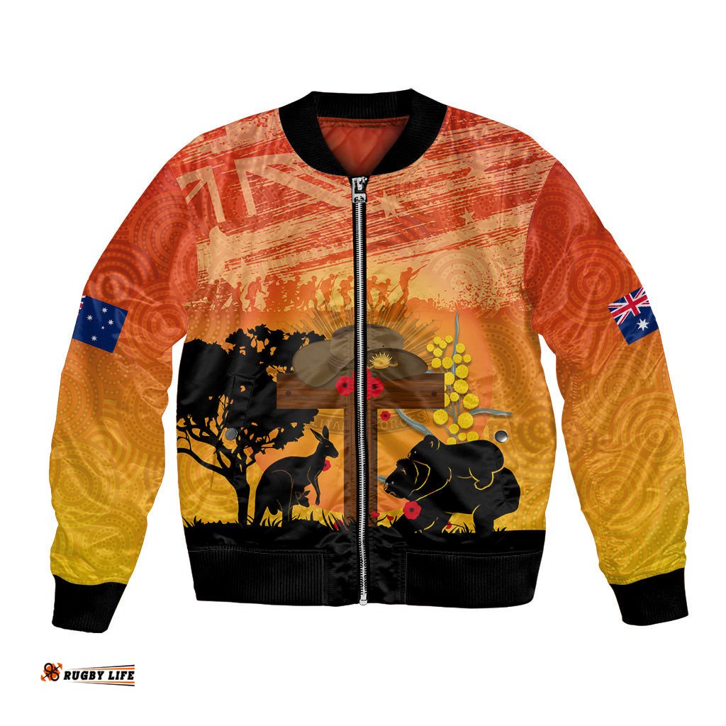 Australia ANZAC Day Bomber Jacket Koala and Kangaroo Respect Aboriginal Pattern