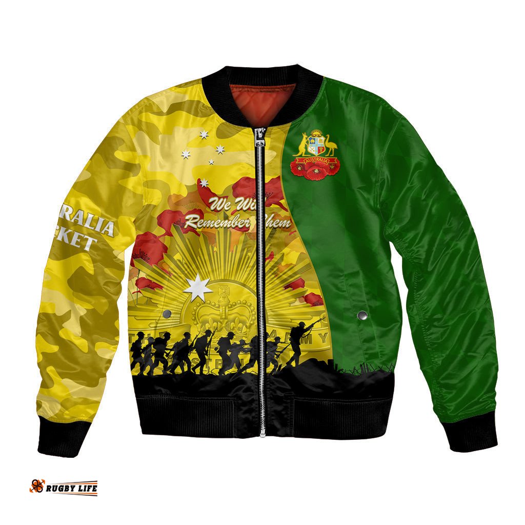 Australia Cricket ANZAC Day 2024 Bomber Jacket Australian Army Camouflage With Poppies