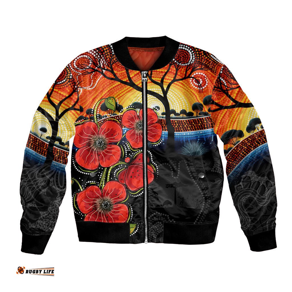 ANZAC Day Australia Poppy Flower Bomber Jacket Aboriginal Style