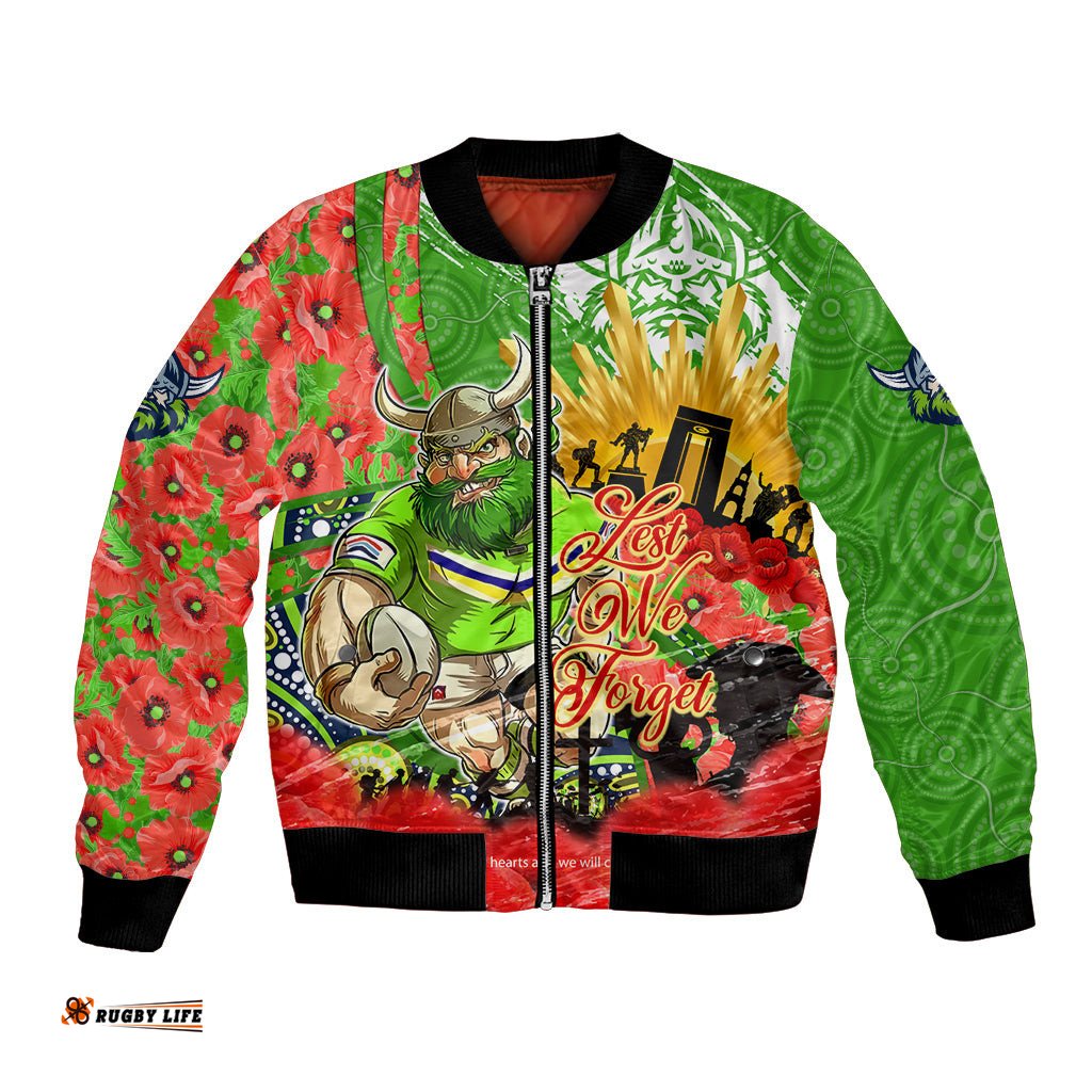 Personalised Mascot Raiders ANZAC Bomber Jacket Lest We Forget