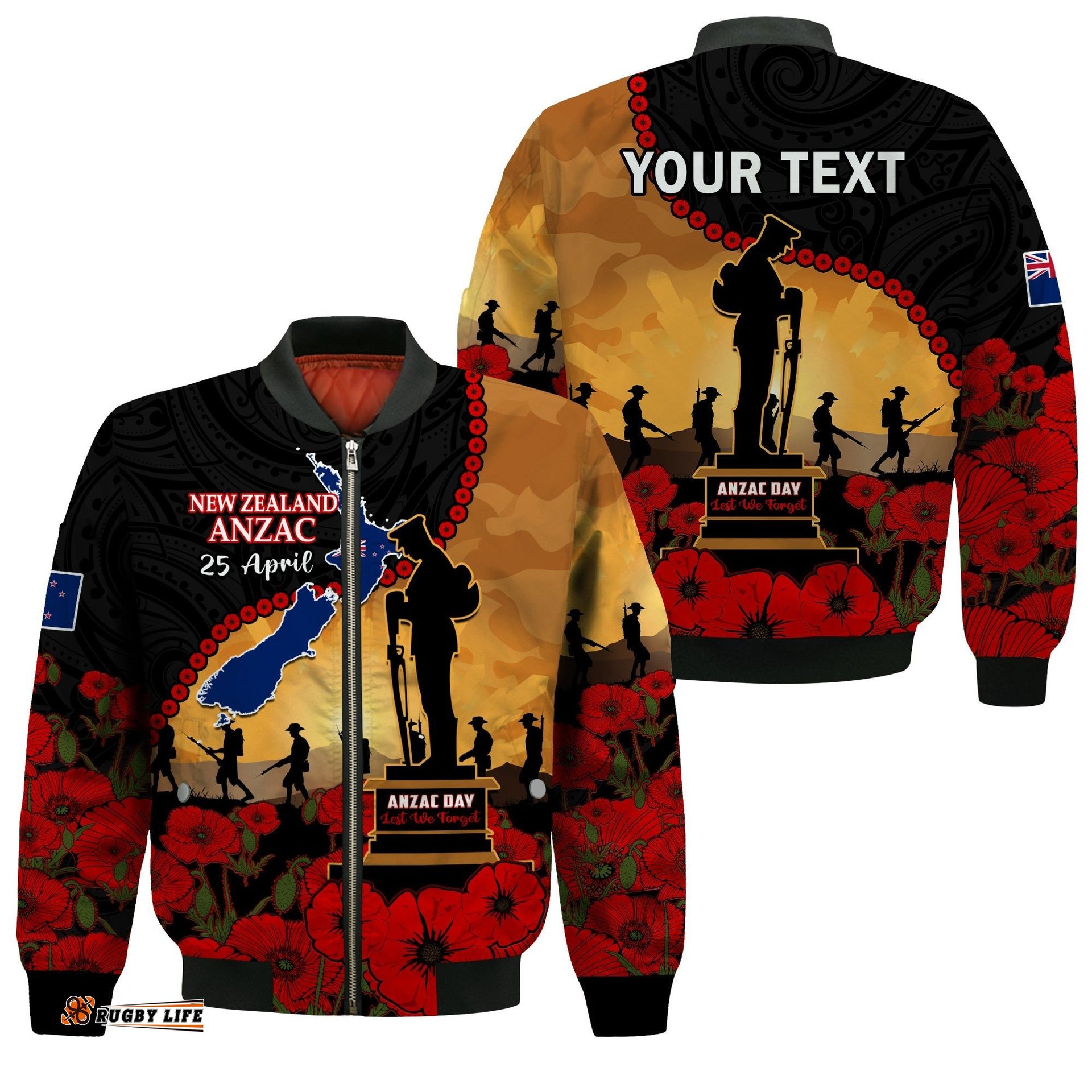 Custom Personalised New Zealand Anzac Bomber Jacket Maori Camouflage Mix Poppies We Will Remember Them