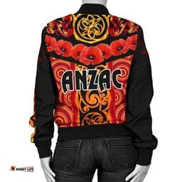 Anzac Lest We Forget Poppy Women Bomber Jacket New Zealand Maori Silver Fern - Australia Aboriginal