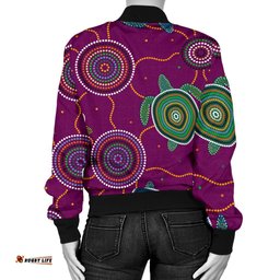Women Bomber Jacket - Aboriginal Turtle Purple Australia Dot Patterns