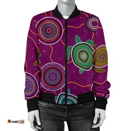 Women Bomber Jacket - Aboriginal Turtle Purple Australia Dot Patterns