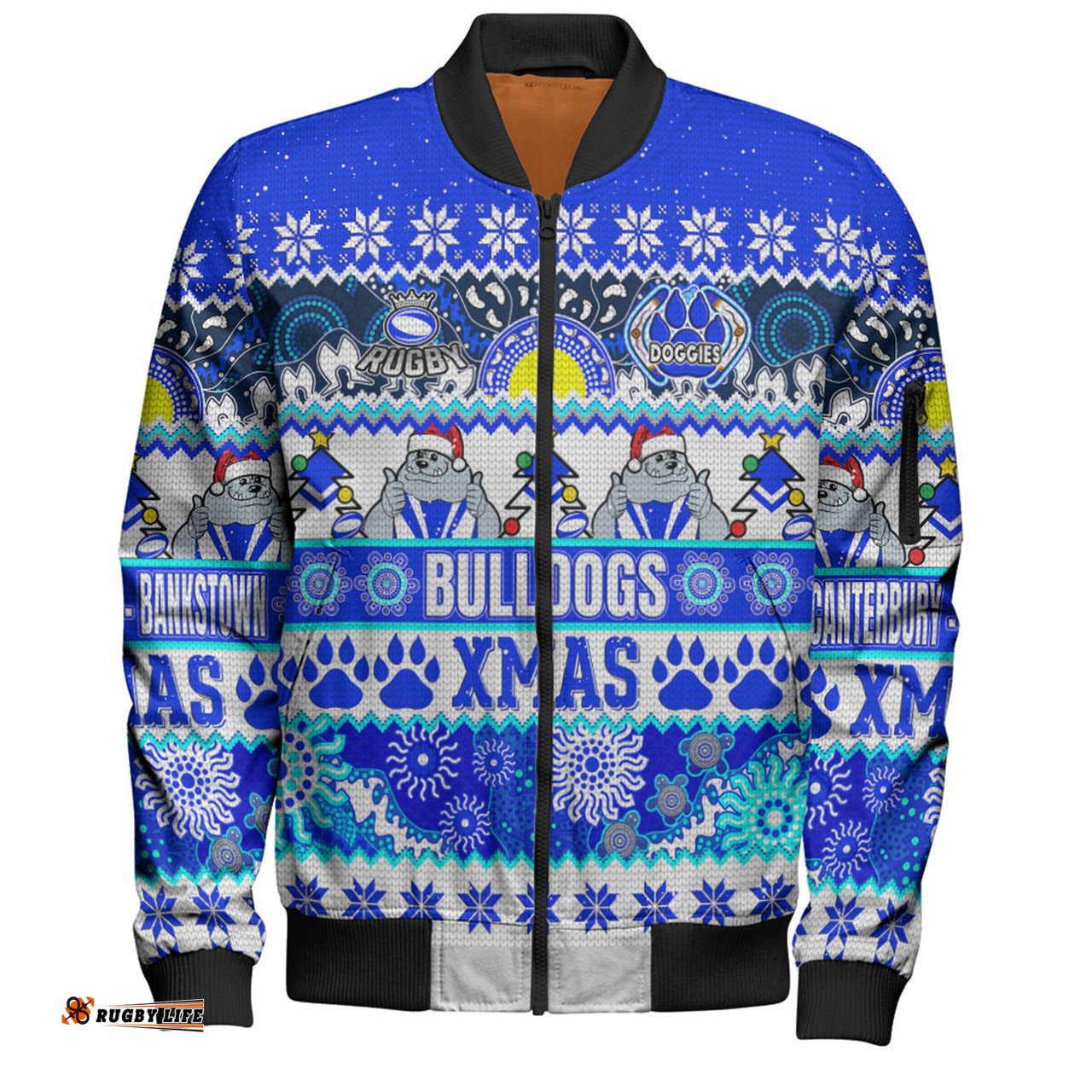 Canterbury-Bankstown Bulldogs Christmas Aboriginal Custom Bomber Jacket - Indigenous Knitted Ugly Xmas Style Bomber Jacket
