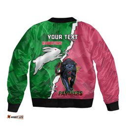 Personalised Panthers And Rabbitohs Rugby Bomber Jacket 2024 Souths The Riff Together
