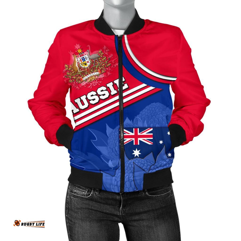 Women's Bomber Jacket - Aus Flag and Coat of Arms Jacket Waratah Flowers