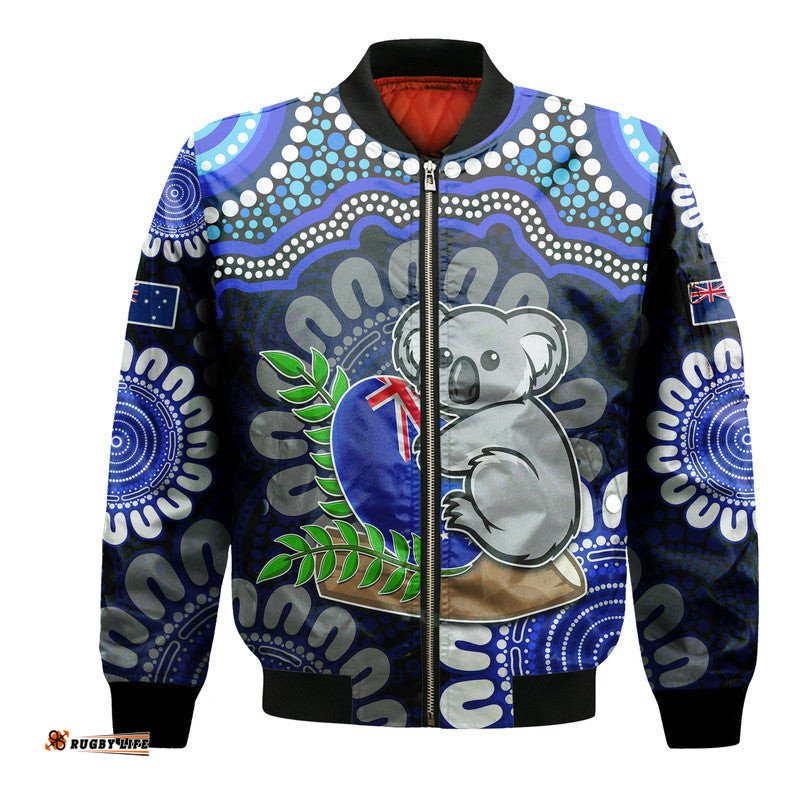 Australia Koala Aboriginal Bomber Jacket Koala Hugging Rugby Ball Blue