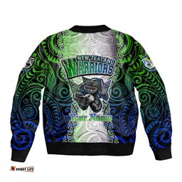 Personalised New Zealand Warriors Bomber Jacket Maori Silver Fern Green
