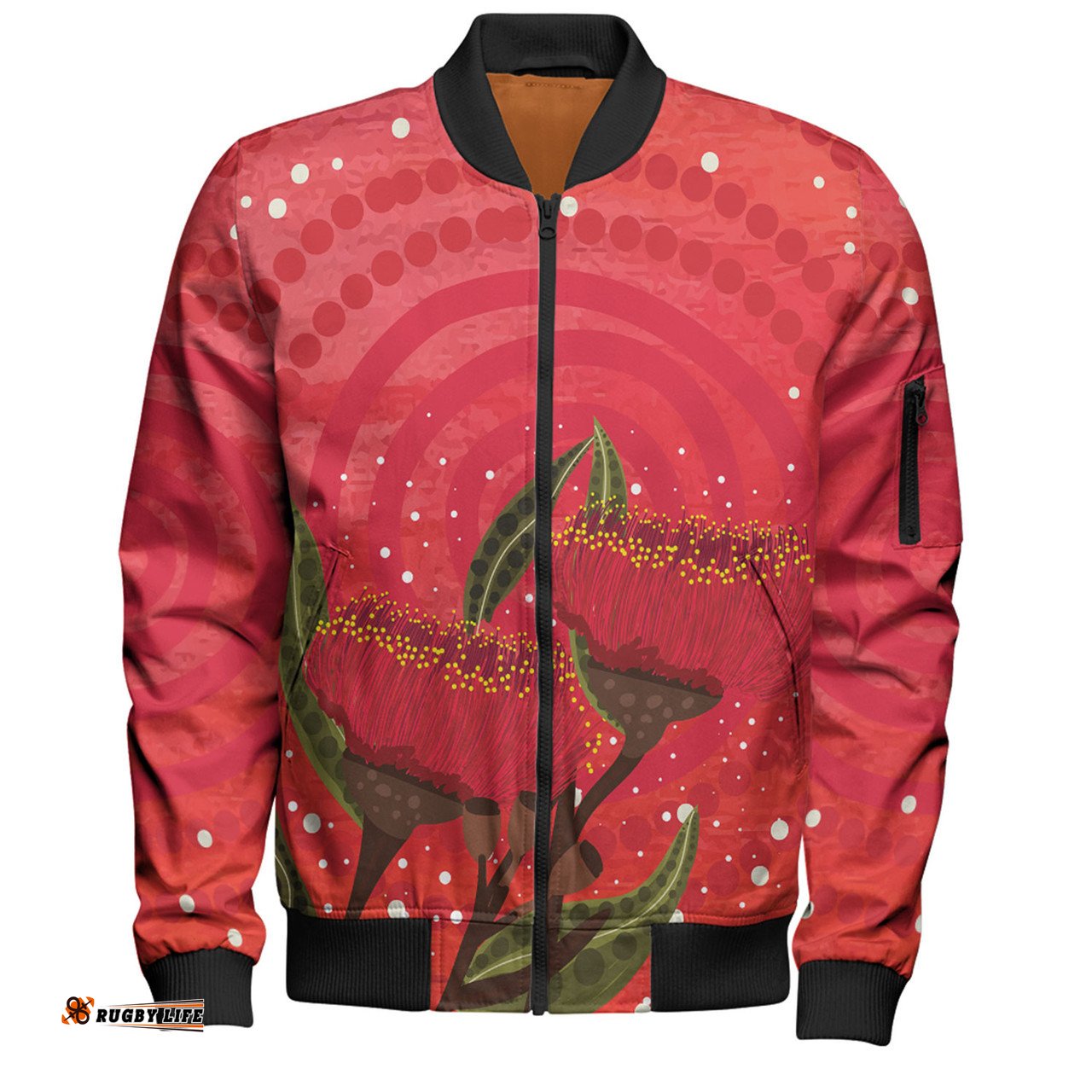 Amazing Aussie Australia Aboriginal Red Aboriginal Art With Eucalyptus Flowers Bomber Jacket