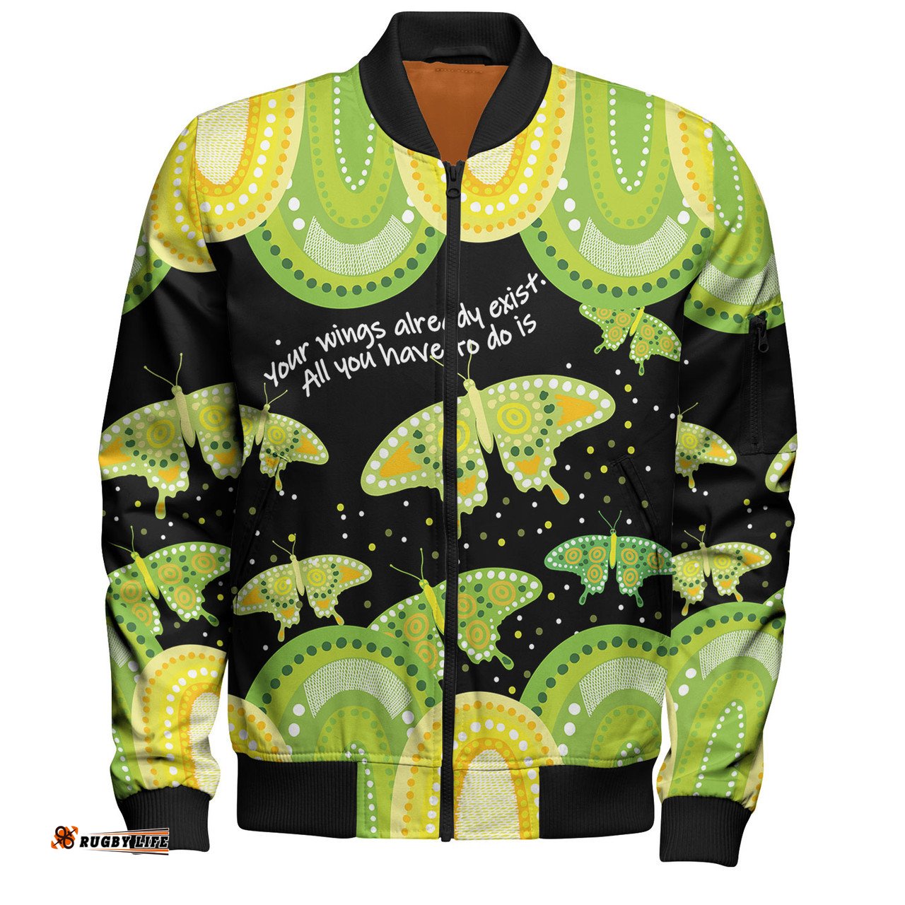 Amazing Aussie Australia Aboriginal Green Butterflies Art Inspired Bomber Jacket