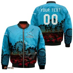 Cronulla-Sutherland Sharks Bomber Jacket Personalized Aboriginal Rugby Anzac Day Poppy With Soldiers - NRL