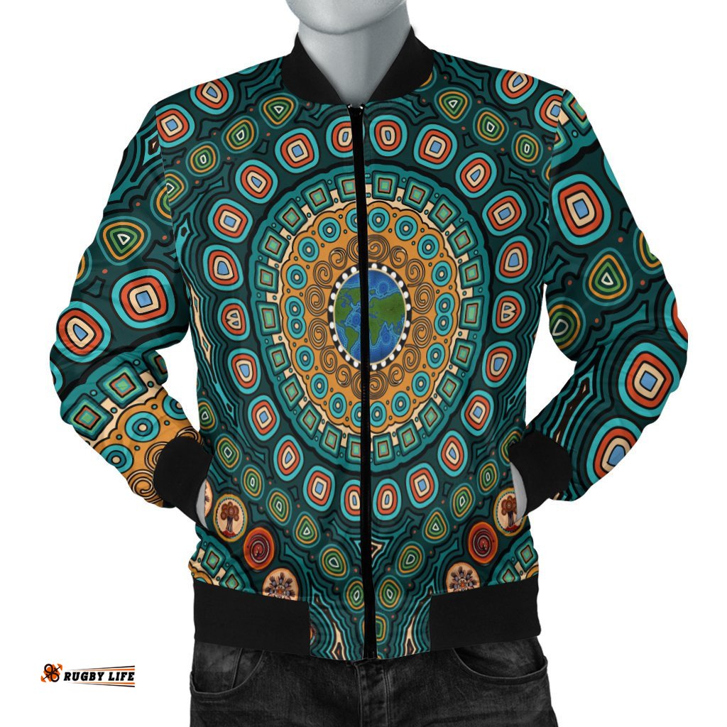 Women's Bomber Jacket - Aboriginal Green Dot Painting With Earth