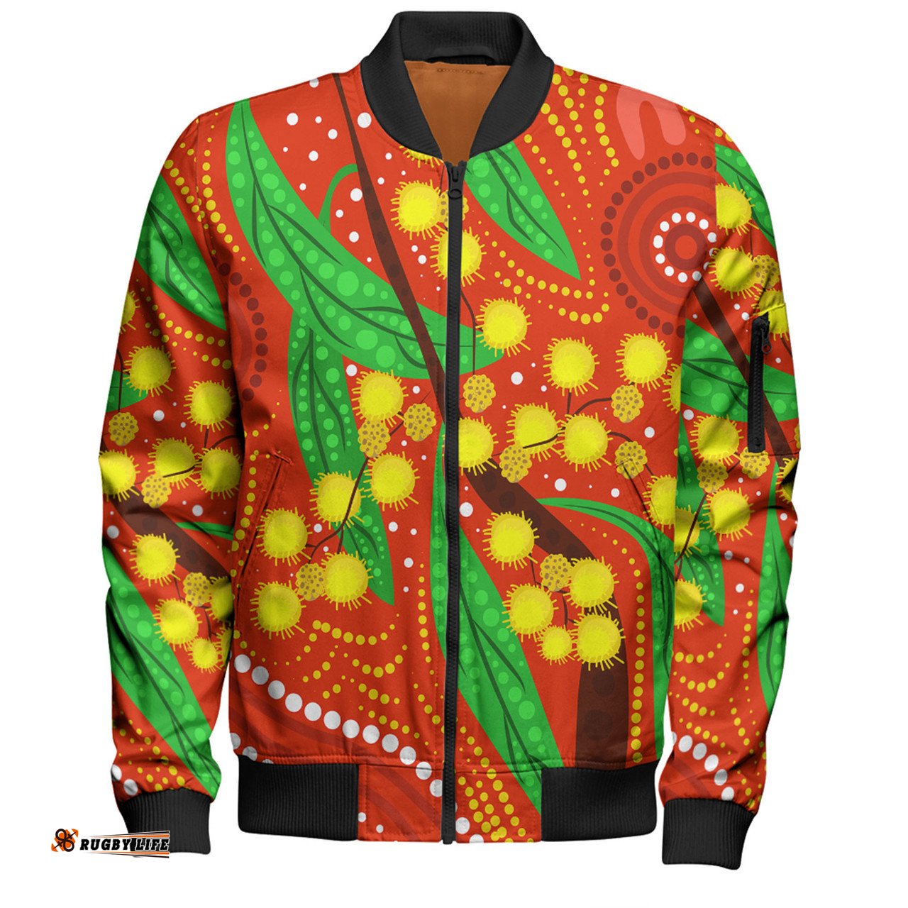 Amazing Aussie Australia Aboriginal Aboriginal Dot Art Of Australian Yellow Wattle Painting Bomber Jacket