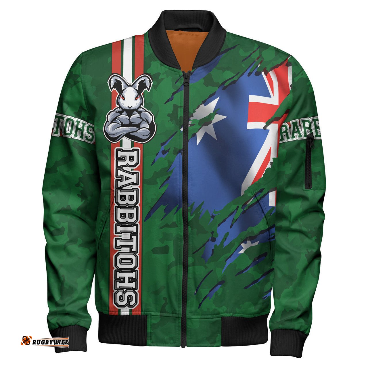 Rabbitohs Rugby Bomber Jacket - Custom Rabbitohs With Camouflage and Australia Flag Bomber Jacket RLT13