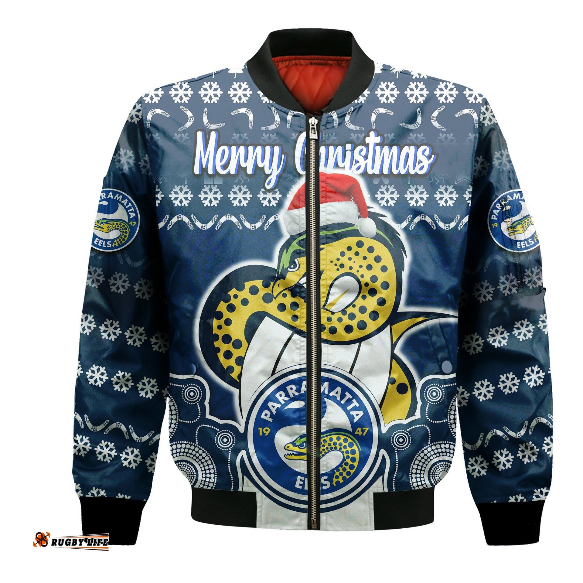 Custom Personalised Parramatta Eels Christmas Vibe With Aboriginal Dot Panting Style Bomber Jacket
