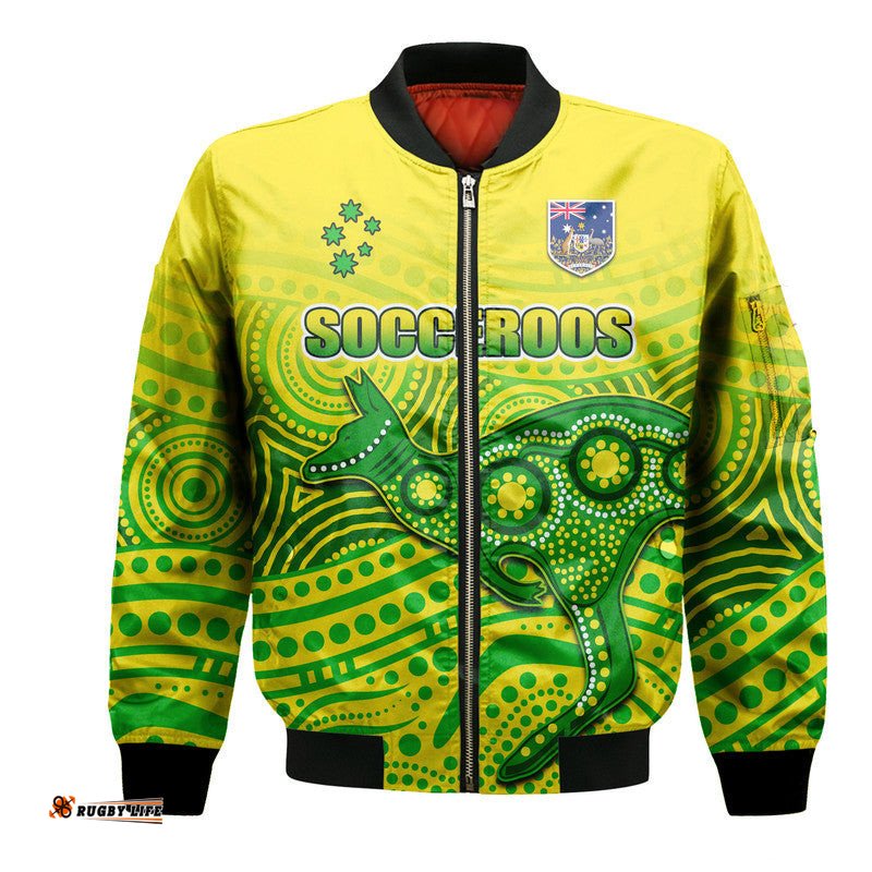 Custom Personalised Australia Aboriginal Soccer Bomber Jacket Kangaroo Socceroos Art Style