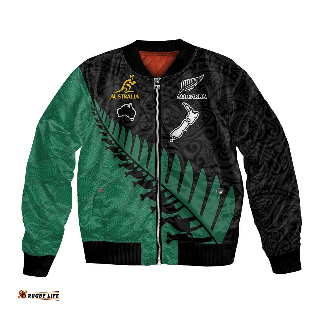 Australia Wallabies and Aotearoa Rugby Bomber Jacket Kangaroo Black Fern Maori Green Vibe