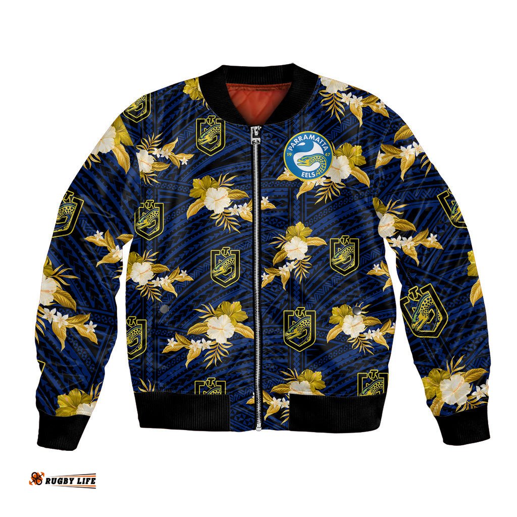 Custom Text And Number Parramatta Eels Rugby Bomber Jacket Polynesian Tribal Mix Tropical Hawaiian Style