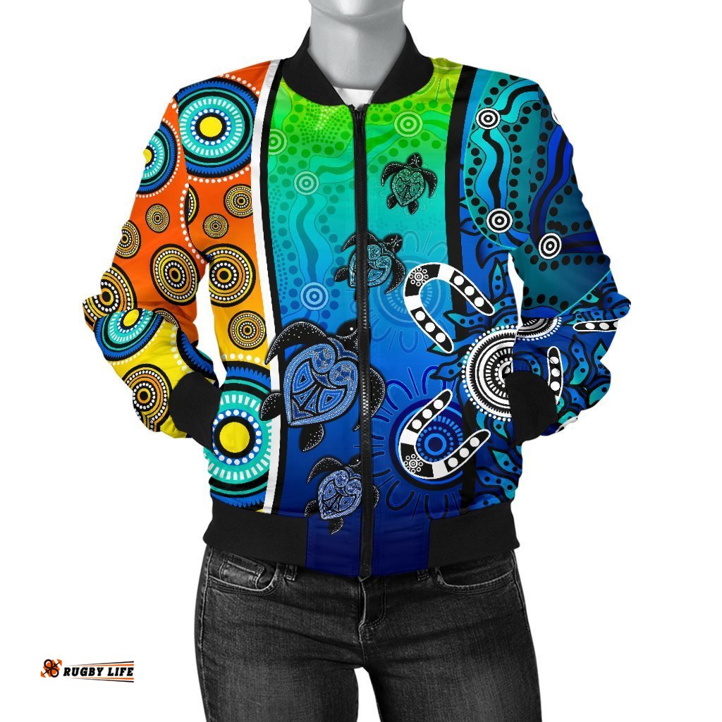 Aboriginal Women's Bomber Jacket - Indigenous Turtle Dot Painting Art