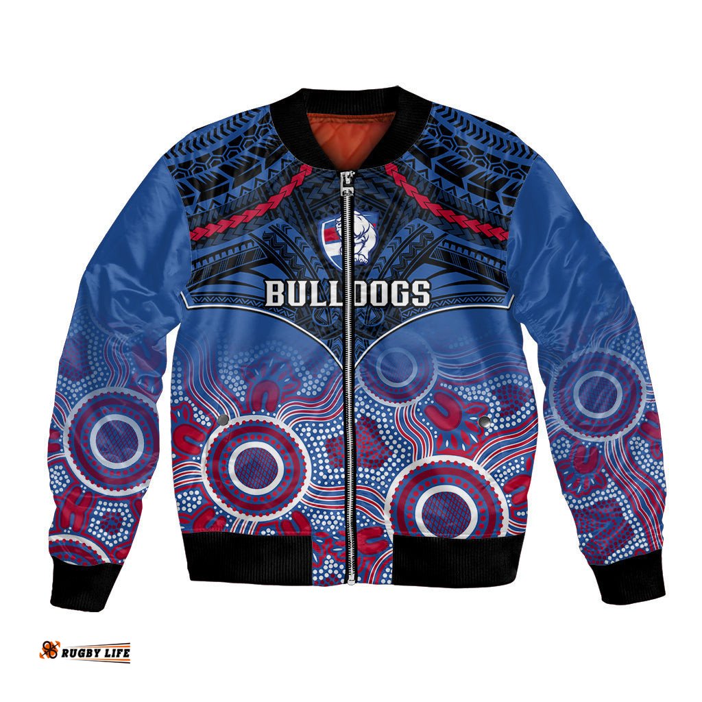 Personalised Bulldogs Football Bomber Jacket Doggies Aboriginal Mix Polynesian Pattern