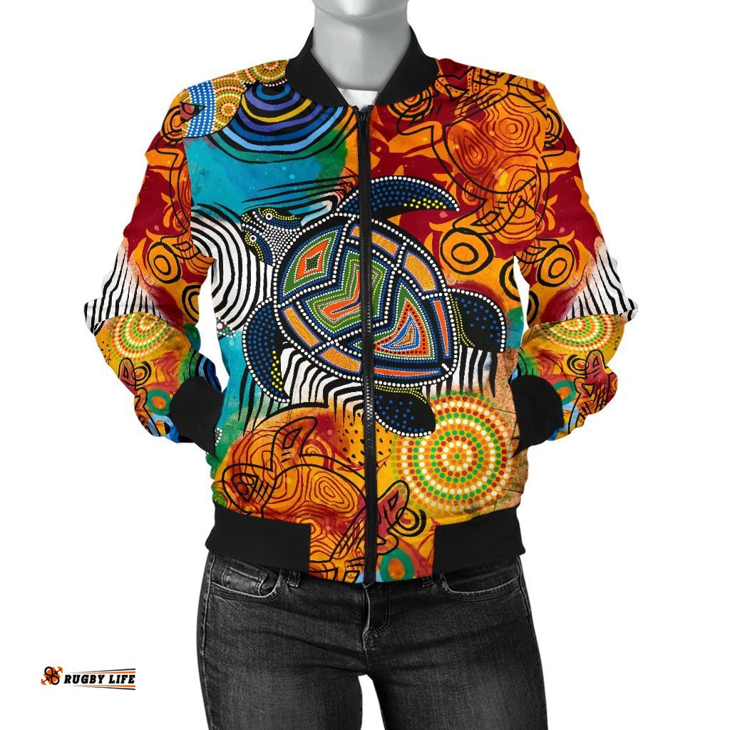 Aboriginal Women's Bomber Jacket - Turtle Indigenous Art