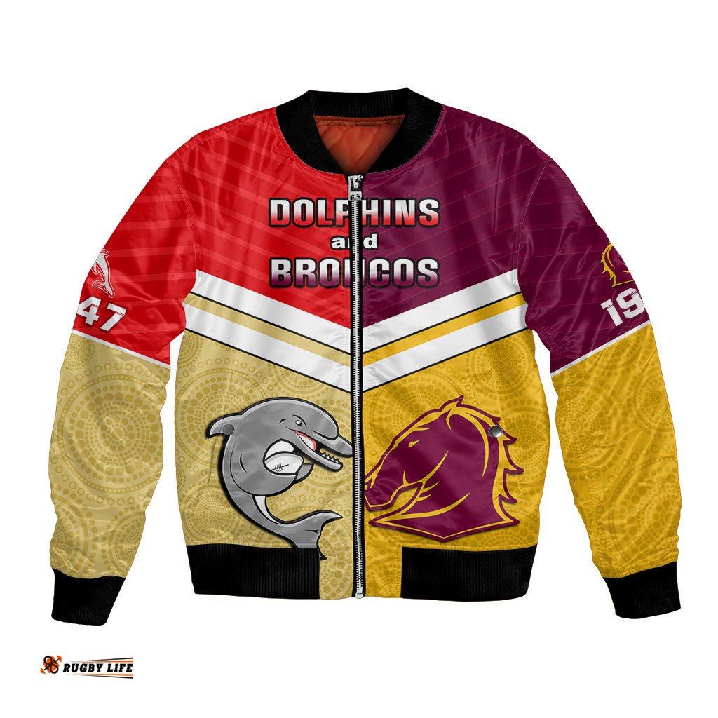 Personalised Dolphins Mix Broncos Rugby Bomber Jacket Indigenous Art