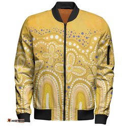 Amazing Aussie Australia Aboriginal Dot painting illustration in Aboriginal style Yellow Bomber Jacket
