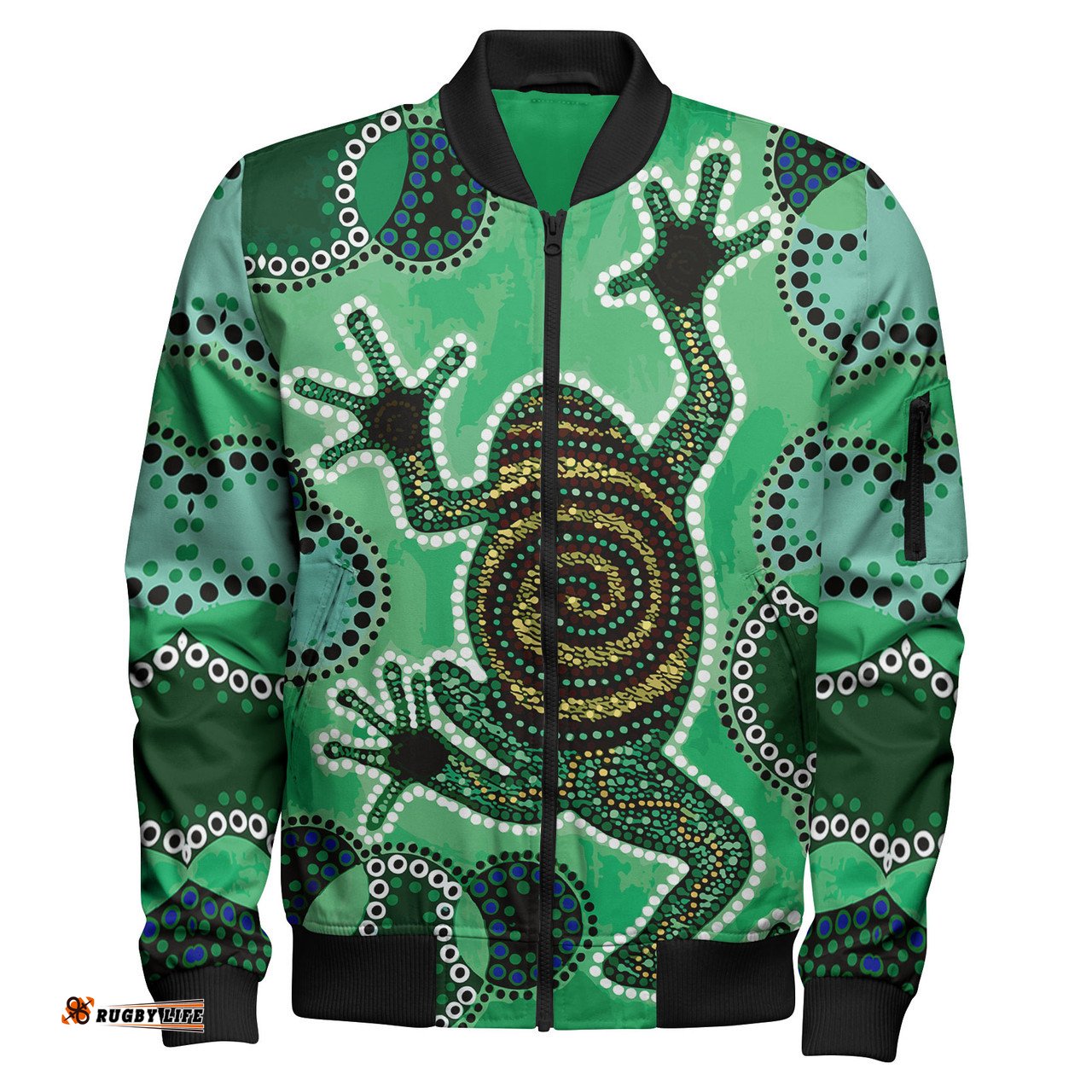 Amazing Aussie Australia Aboriginal Inspired Indigenous Green Frog Watercolor Dot Art Painting Bomber Jacket