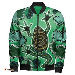 Amazing Aussie Australia Aboriginal Inspired Indigenous Green Frog Watercolor Dot Art Painting Bomber Jacket