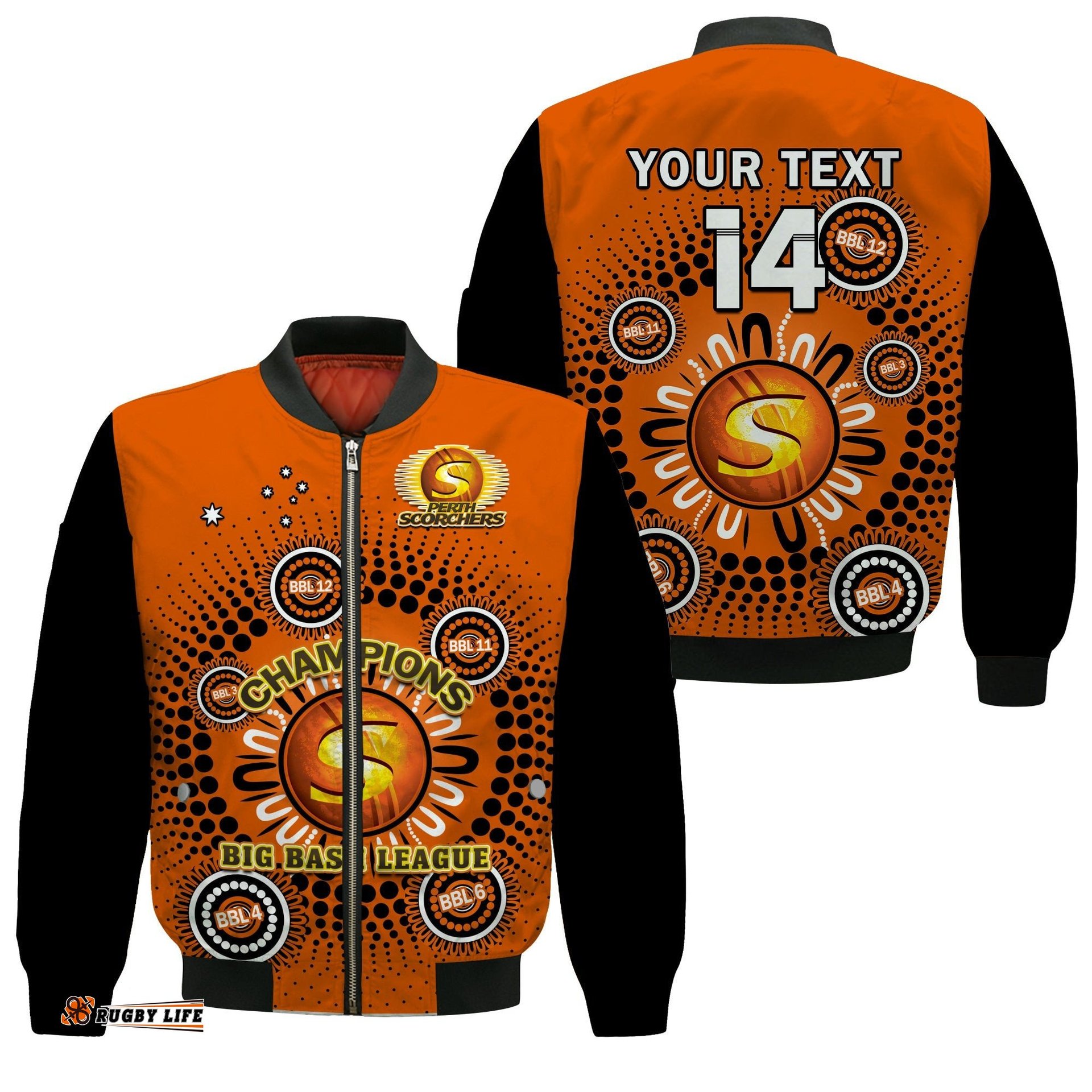 Custom Text And Number Perth Scorchers Cricket Bomber Jacket Indigenous 5th Champions BBL Proud