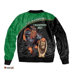 Warriors Rugby Bomber Jacket Go Champions Aotearoa Mascot With Polynesian Maori Pattern