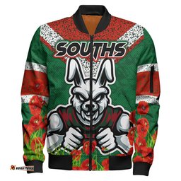 Rabbitohs Rugby Bomber Jacket - Custom Souths with Anzac Poppy Bomber Jacket RLT13