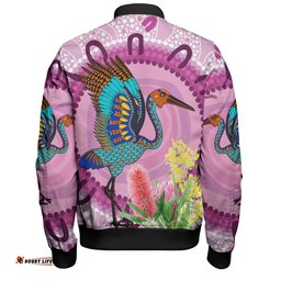 Amazing Aussie Australia Aboriginal Brolga Bird Dancing With Australia Native Flowers Bomber Jacket