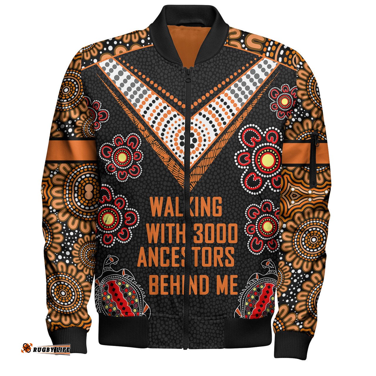Amazing Aussie Australia Aboriginal Walking with 3000 Ancestors Behind Me Black and Orange Patterns Bomber Jacket