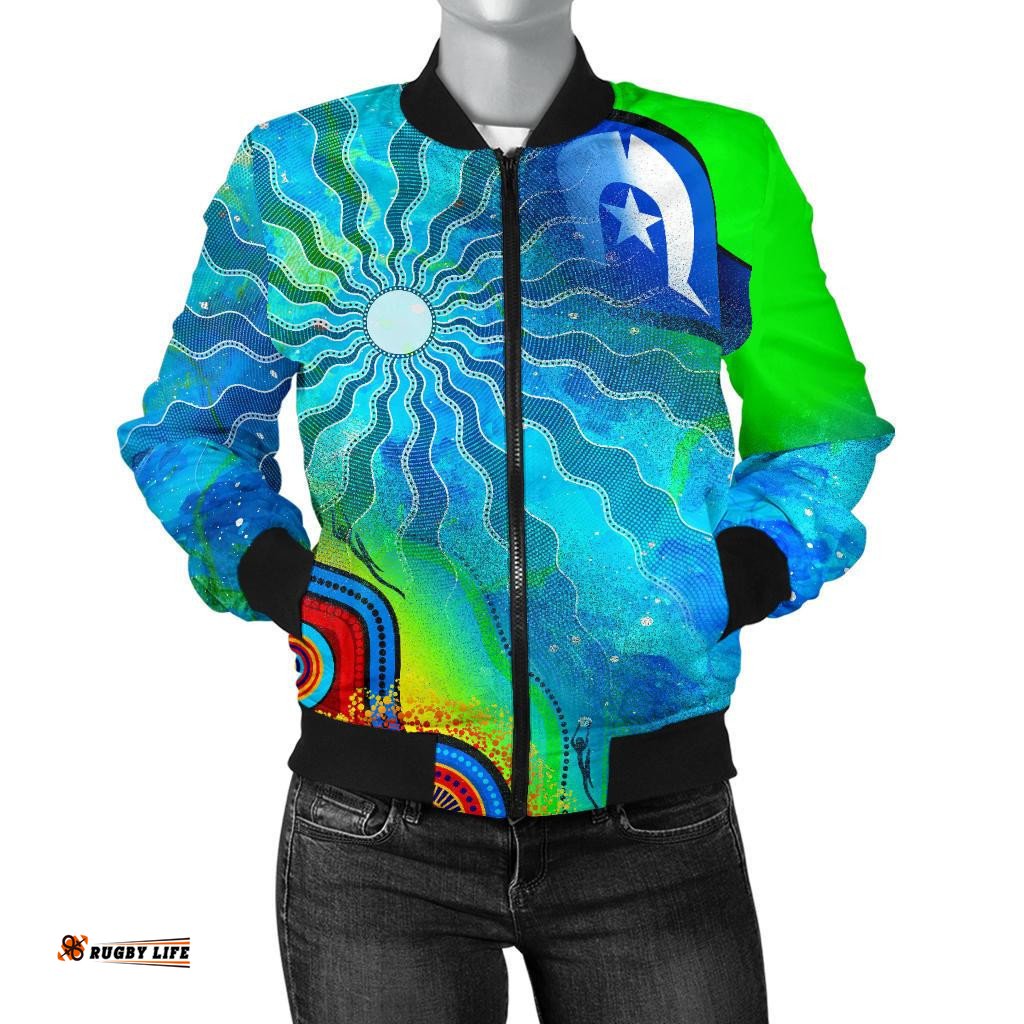 Women's Bomber Jacket - Torres Strait Islanders Flag with Aboriginal Patterns Jacket