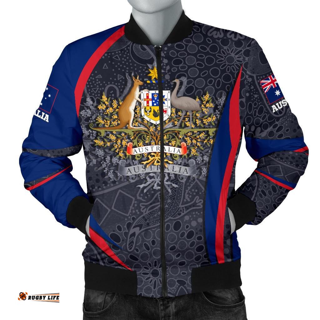 Aboriginal Bomber Jacket Men, Australian Coat of Arms - Aussie Spirit