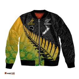 Custom Australia Wallabies and Aotearoa Rugby Bomber Jacket Kangaroo Black Fern Maori Gradient Vibe