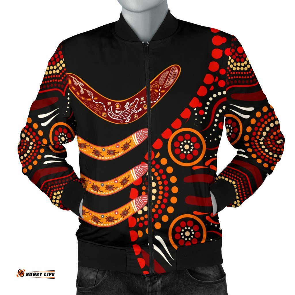 Aboriginal Men's Bomber Jacket - Aboriginal Boomerangs With Dot Painting Pattern