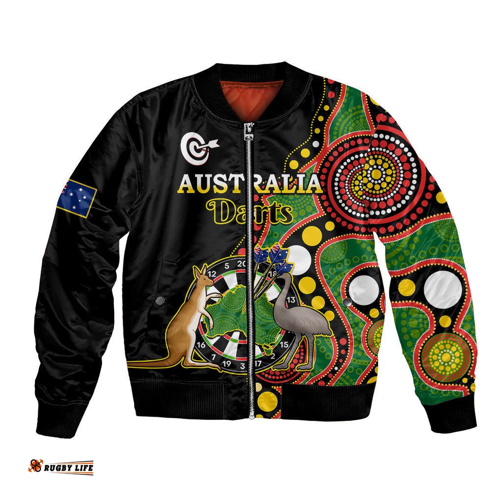 Australia Darts Indigenous Art Mix Kangaroo And Emu Bomber Jacket