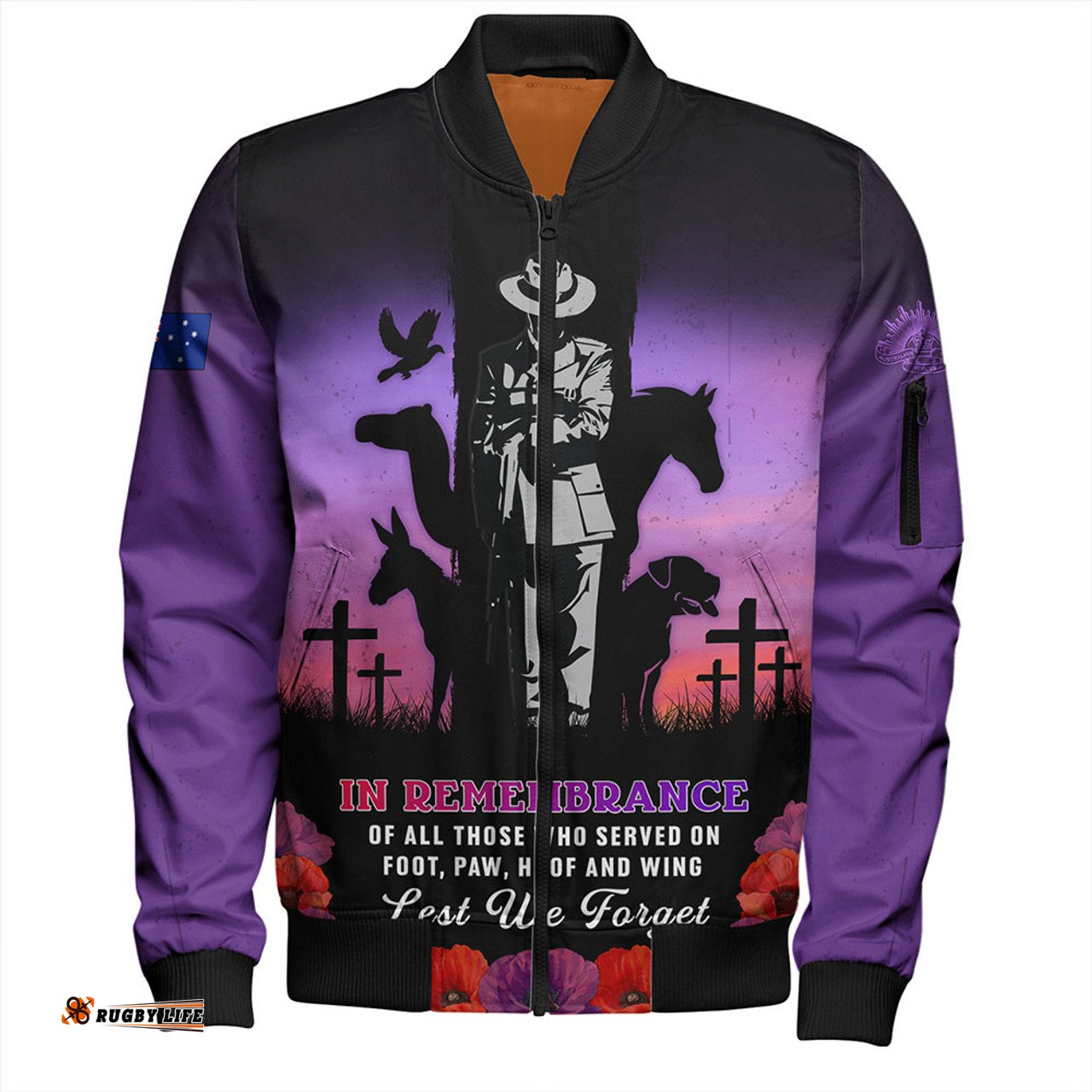 Amazing Aussie Australia Anzac Day Lest We Forget War Animals Purple Poppy Bomber Jacket