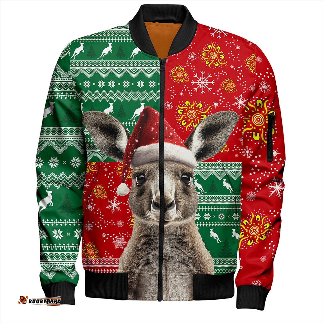 Amazing Aussie Australia Aboriginal Dot With Kangaroo Santa Hat Designs Bomber Jacket