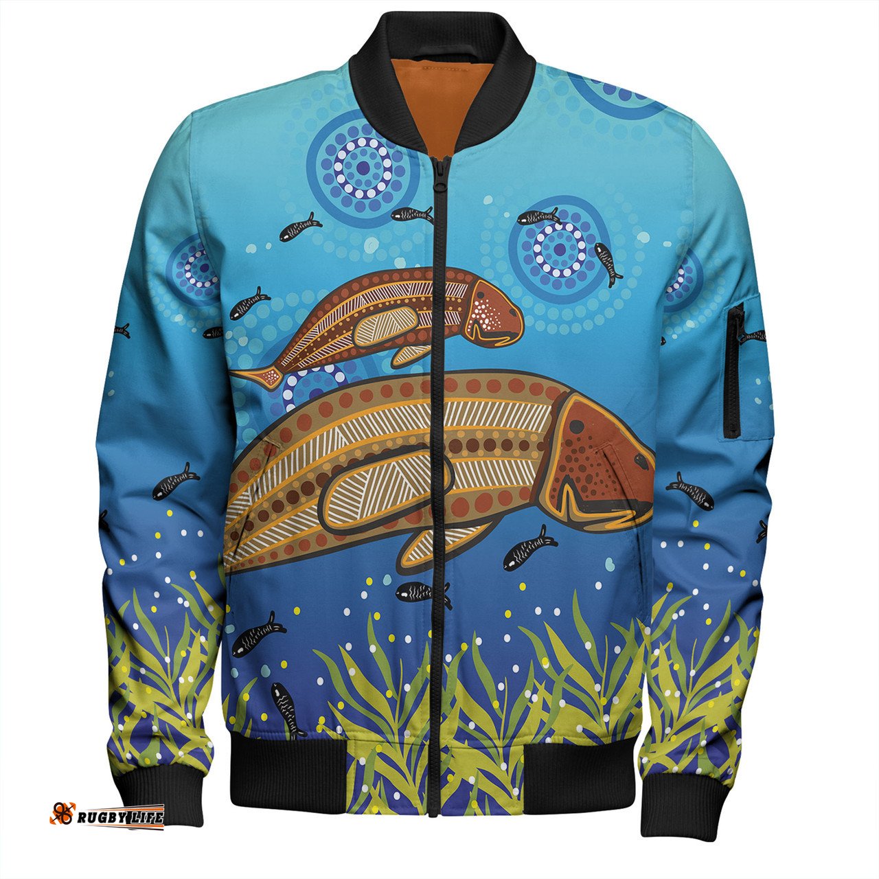 Amazing Aussie Australia Aboriginal Mother And Baby Dugong Aboriginal Art Inspired Bomber Jacket