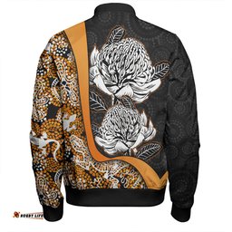 Amazing Aussie Australia Warratah Goanna Aboriginal Waratah Flowers With Orange Lizards, Stones, Sand Dot Art Painting Inspired Bomber Jacket