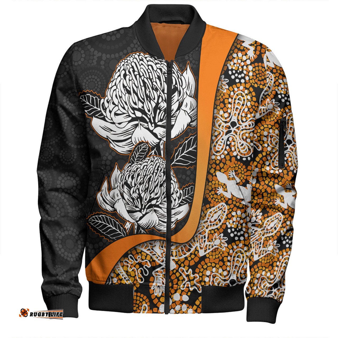 Amazing Aussie Australia Warratah Goanna Aboriginal Waratah Flowers With Orange Lizards, Stones, Sand Dot Art Painting Inspired Bomber Jacket