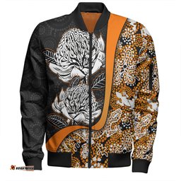 Amazing Aussie Australia Warratah Goanna Aboriginal Waratah Flowers With Orange Lizards, Stones, Sand Dot Art Painting Inspired Bomber Jacket